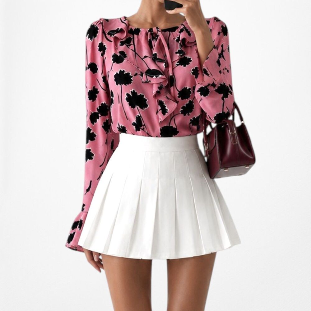 Vintage Y2K Pink Black Ruffle Long Bell Flared Sleeve Floral Print Blouse XS/S